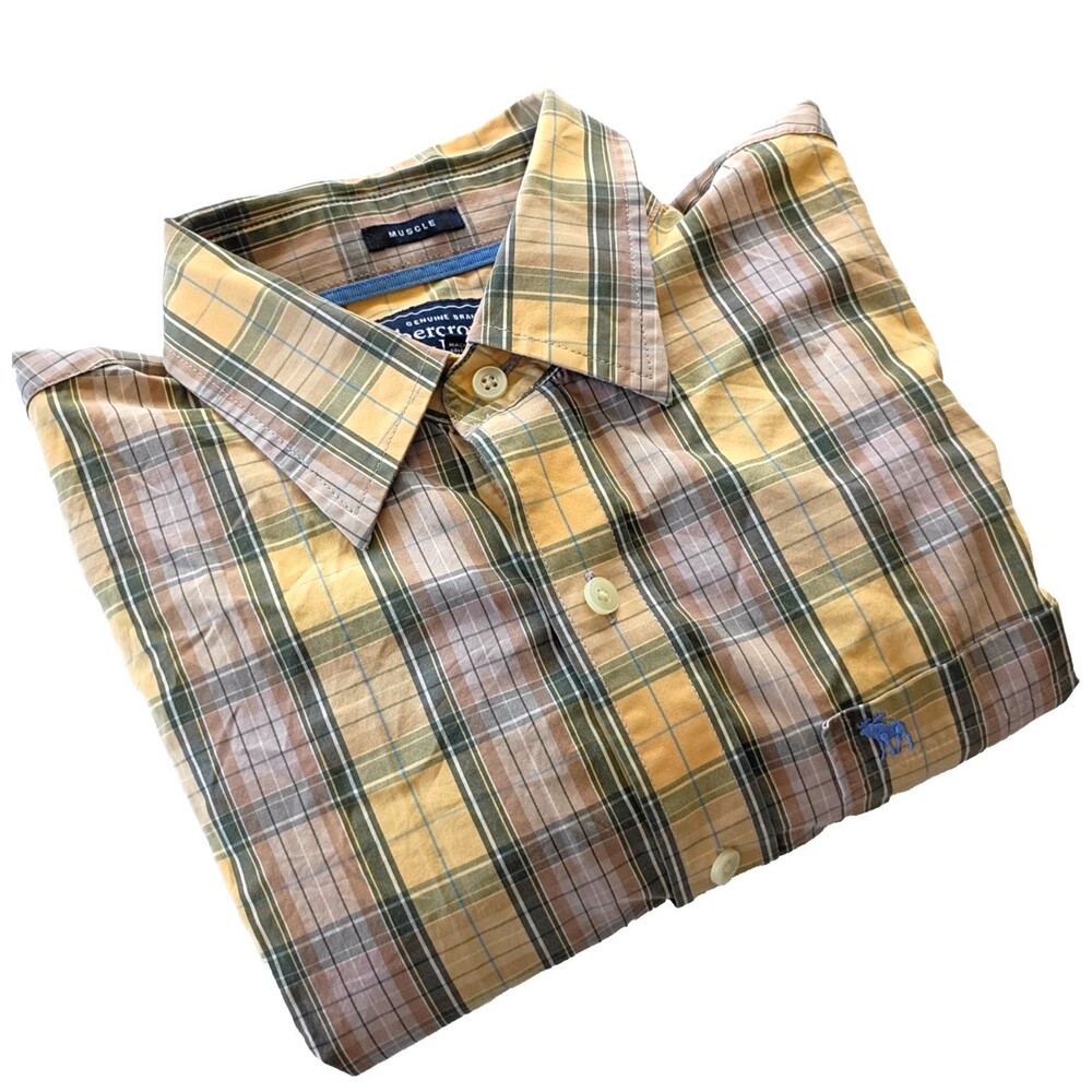 Abercrombie Fitch 100% Cotton Yellow Plaid Muscle Shirt XL Button Up Long Sleeve
